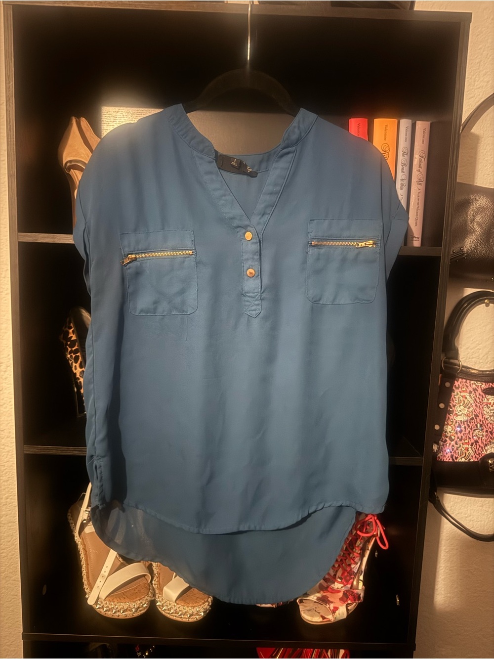 Sweet Wanderer Blue Button-Front Tunic with Gold Zippers